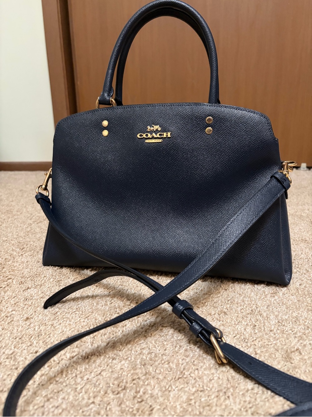 Coach Navy Saffiano Satchel with Gold Hardware